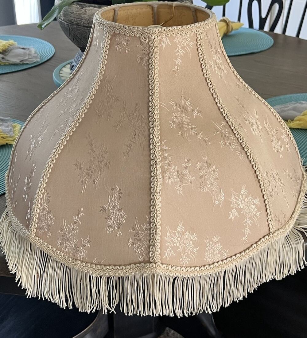 Vtg Victorian Damask Brocade 8 Panel Fringe Ivory Cream Lamp Shade 18" W x 11" H